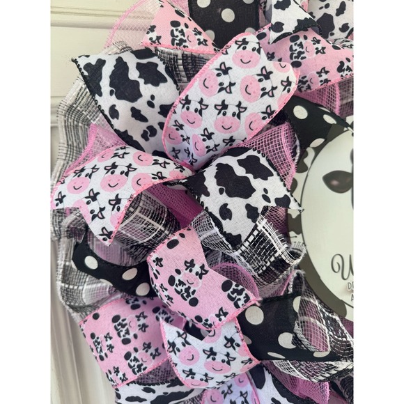 Pink Black Cow Welcome-ish Mesh Ribbon Spring Wreath Front Door Hanger Decor - Picture 4 of 8